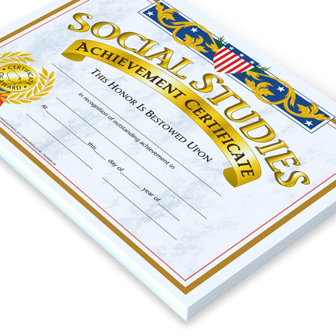 Hayes Social Studies Achievement Certificates, Gold-Bordered Awards with Light Blue Marbled Design, Customizable Award for Students, Full-Color Glossy Design, 8.5" x 11" - 30 Pack