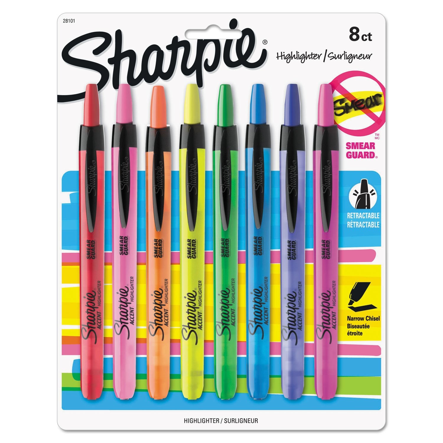 Sharpie 28101 Accent Retractable Highlighters Chisel Tip Assorted Colors 8/Set