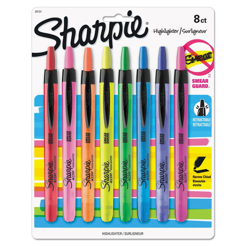 Sharpie 28101 Accent Retractable Highlighters Chisel Tip Assorted Colors 8/Set