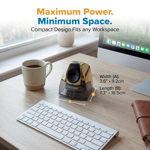 Bostitch Office Electric Pencil Sharpener for Classroom & Desk Use, Heavy-Duty Stall-Free Motor, High-Capacity Shavings Tray, Gold Chrome