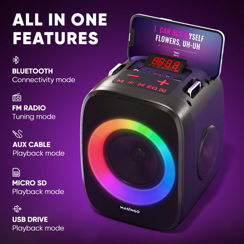 MASINGO Karaoke Machine for Kids and Adults with 2 Wireless Bluetooth Microphones, Portable 3D Sound Speaker with Colorful LED Lights, Supports TF Card/USB, AUX in, FM, TWS for Home Party, Cantando C2