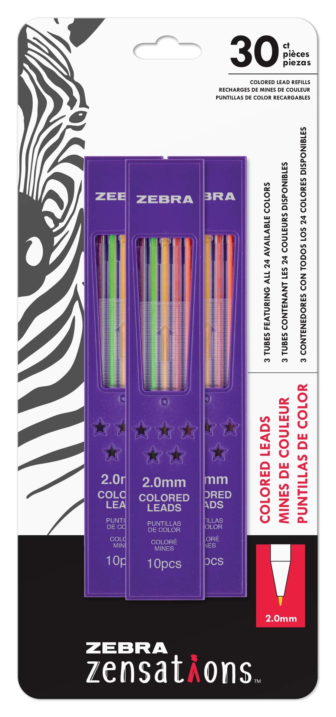 Zebra Pen Zensations Mechanical Colored Pencil Lead Refills, 2.0mm Assorted Colors, 3-Pack with 3 Tubes of 10 Refills Each, Compatible with Zensations Mechanical Pencils, 3-Pack (87103)