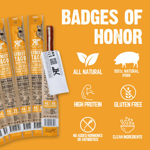 Righteous Felon Meat Sticks | 100% Pasture Raised Pork | 8g Protein per Stick | Keto, Gluten-Free, Low Sugar, High Protein Snack Sticks | Individually Wrapped | Street Taco Pork Sticks, 24 Count