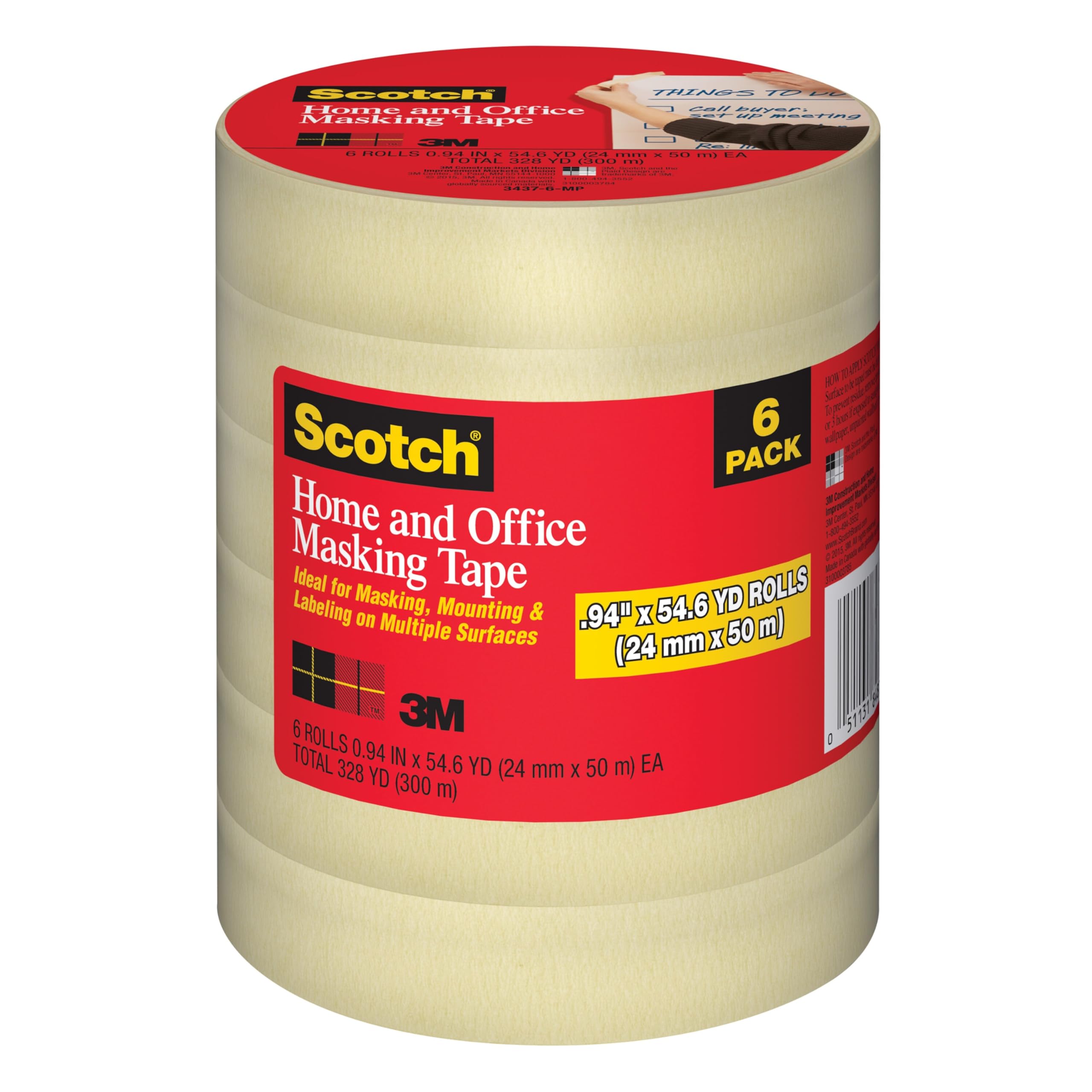 Scotch Masking Tape, 6 Rolls, 0.94 in x 54.6 yd, Great for Everyday Use, Strong Adhesive, Tan Masking Tape (3437-6)