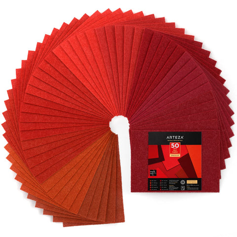 ARTEZA Red Craft Felt Sheets, 8.3 x 11.8 Inches, Set of 50, 20 Soft and 30 Stiff Non Woven Felt Fabric for Sewing and DIY Projects