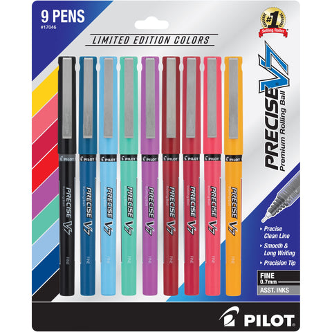 Pilot Precise V7 Capped Liquid Ink Rollerball Pens, Fine Point Ink Pens 0.7 mm, Colored Pens, Limited Edition Assorted Colors, Pack of 9 - Ideal for School, Journaling, & Office Writing