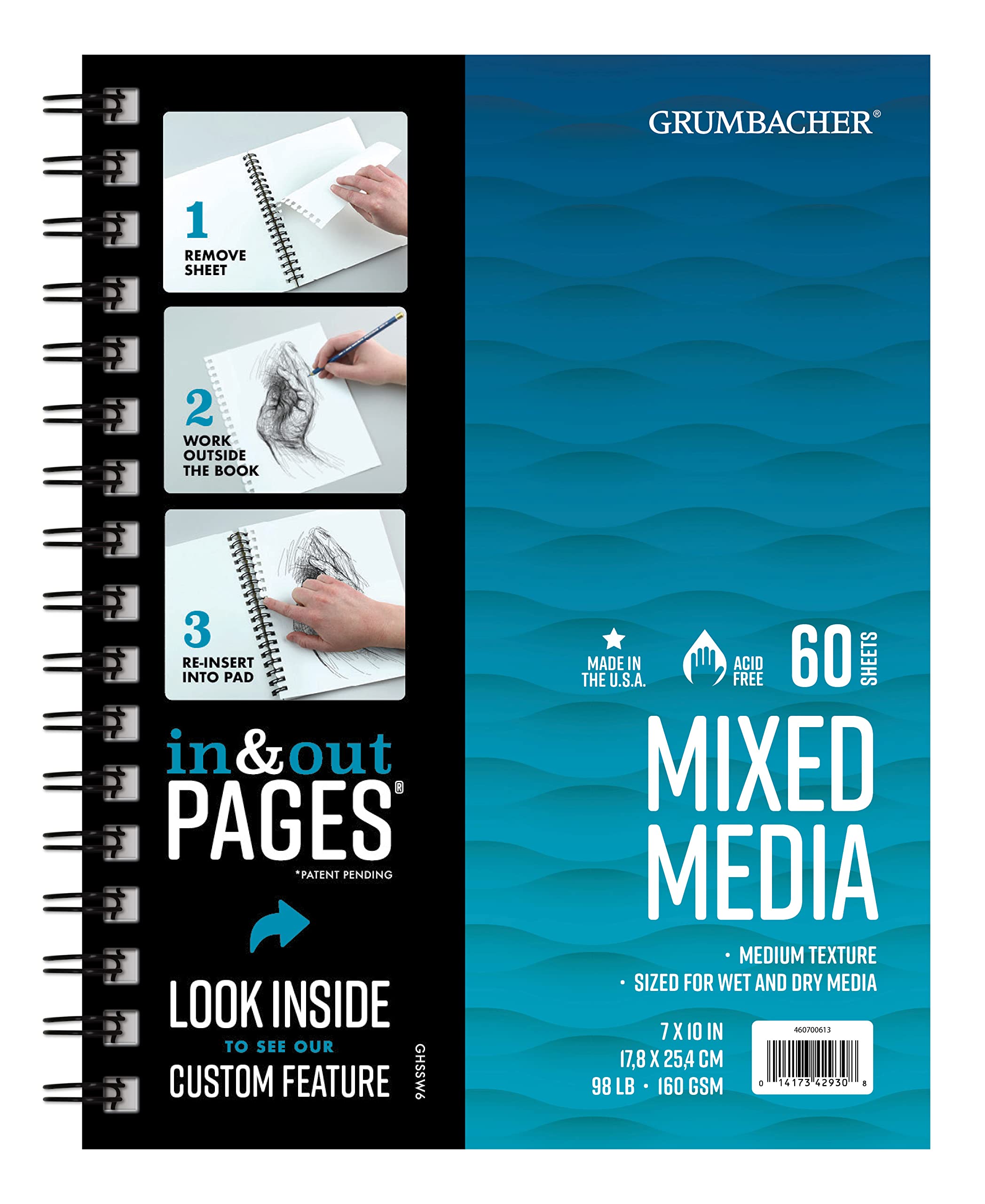 Grumbacher Mixed Media Paper Pad with in & Out Pages, 160 GSM, 7" x 10", Side Wire Bound, 50 White Sheets/Pad, 1 Each