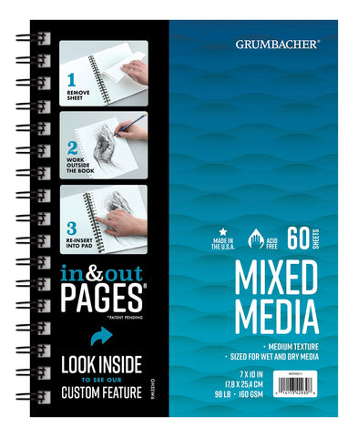 Grumbacher Mixed Media Paper Pad with in & Out Pages, 160 GSM, 7" x 10", Side Wire Bound, 50 White Sheets/Pad, 1 Each