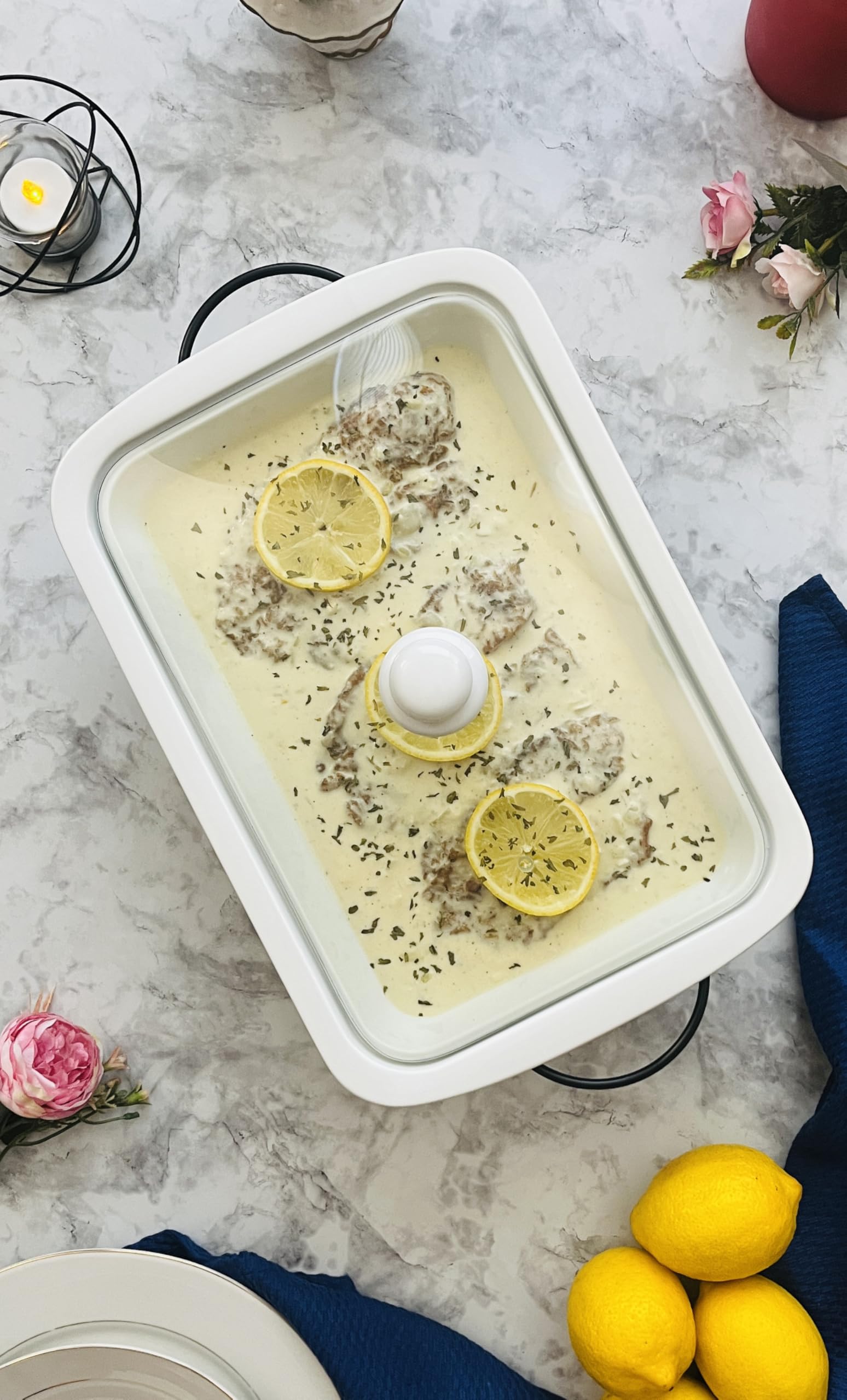 Le Regalo Stoneware 3-Piece Baking Dish, Glass Lid and Metal Stand, Bake and Server Food Warmer Set, Oven, Dishwasher and Freezer