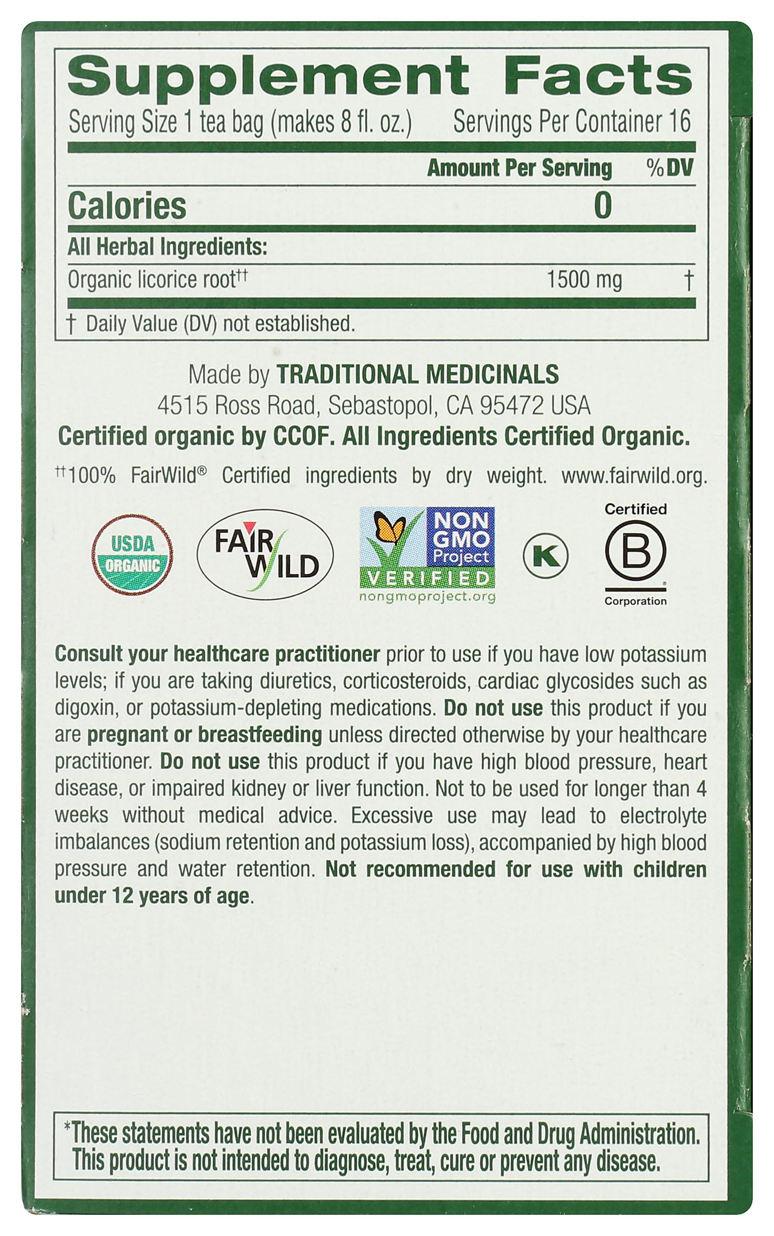 Traditional Medicinals Tea, Organic Licorice Root, Soothes the Digestive Tract & Promotes Respiratory Health - Kosher, Non-GMO, Caffeine-Free - 16 Tea Bags