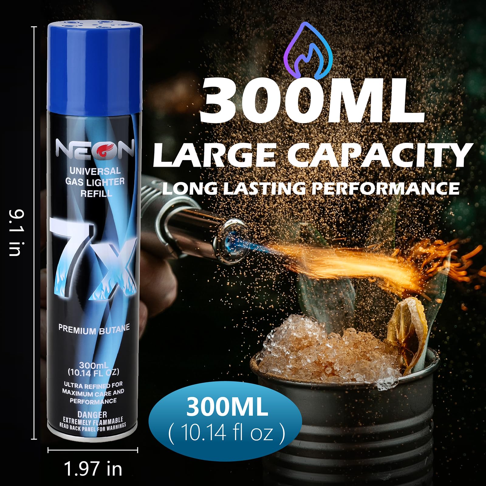 NEON Butane Refill, 300ml 7X Filtered Premium Butane Fuel, 12 Cans Pure Refined Lighter Fluid with 0 Impurities & 5 Butane Gas Adapters for Refillable Lighters, Butane Torches, Kitchen Blow Torch
