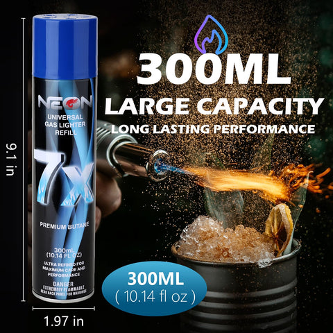 NEON Butane Refill, 300ml 7X Filtered Premium Butane Fuel, 12 Cans Pure Refined Lighter Fluid with 0 Impurities & 5 Butane Gas Adapters for Refillable Lighters, Butane Torches, Kitchen Blow Torch