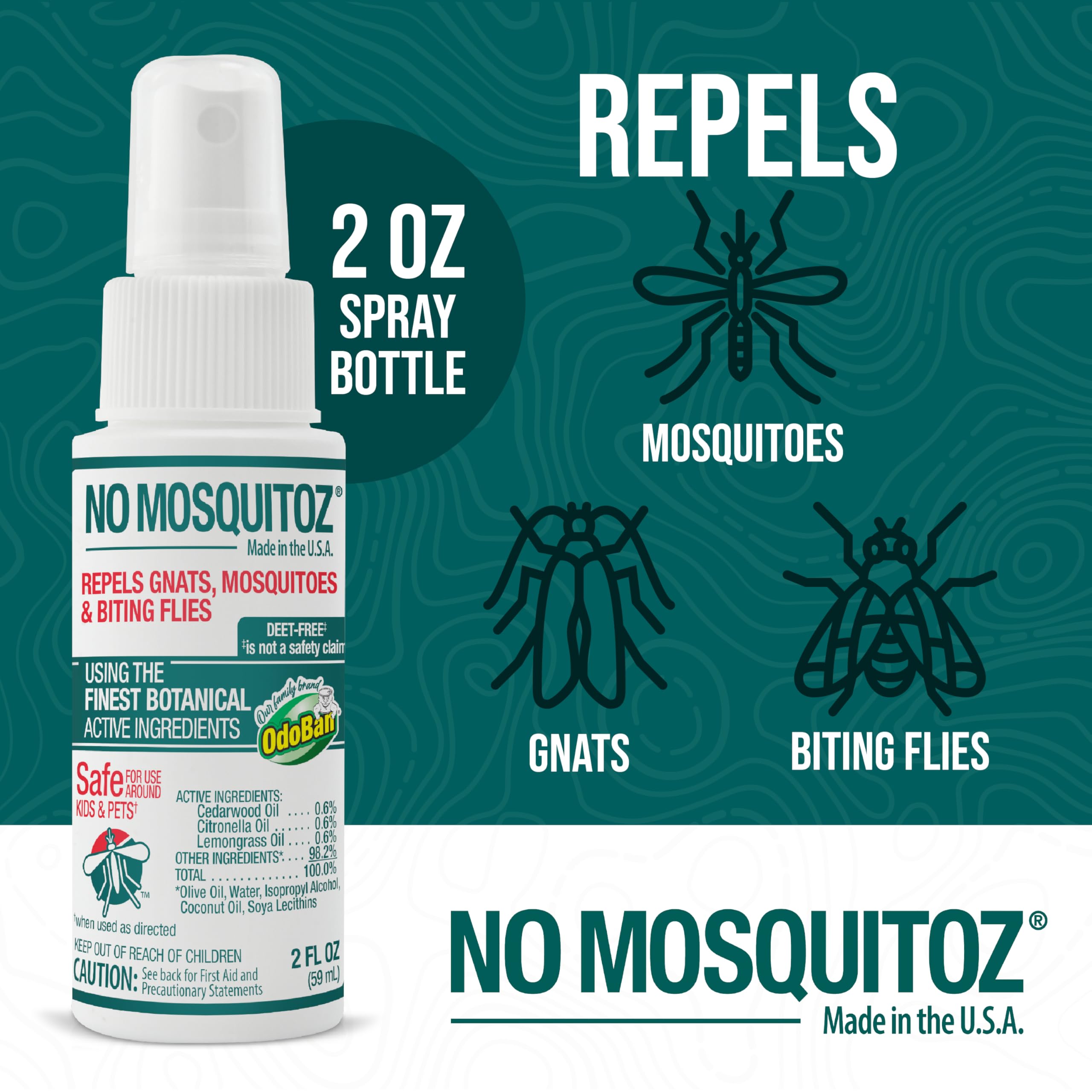 No Mosquitoz Botanical Insect Repellent, DEET-Free, Made with Natural Essential Oils, Non-Greasy Formula, Made in The USA, Woodsy Scent, 2 Ounce Spray Bottle