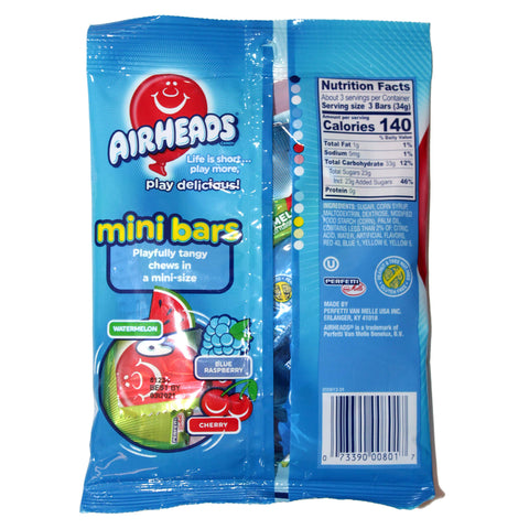 Air Heads (1) Bag Mini Bars Candy Chews - Assorted Flavors - Watermelon, Blue Raspberry, Cherry 3.62 oz