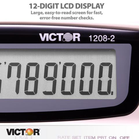 Victor Printing Calculator, 1208-2 Compact and Reliable Adding Machine with 12 Digit LCD Display, Battery or AC Powered, Includes Adapter,White