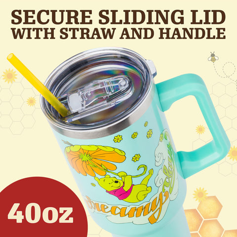 Silver Buffalo Disney Winnie the Pooh “Dreamy Days” Retro Art Double Walled Stainless Steel Tumbler with Handle and Straw, Fits in Standard Cup Holder, 40 Ounces