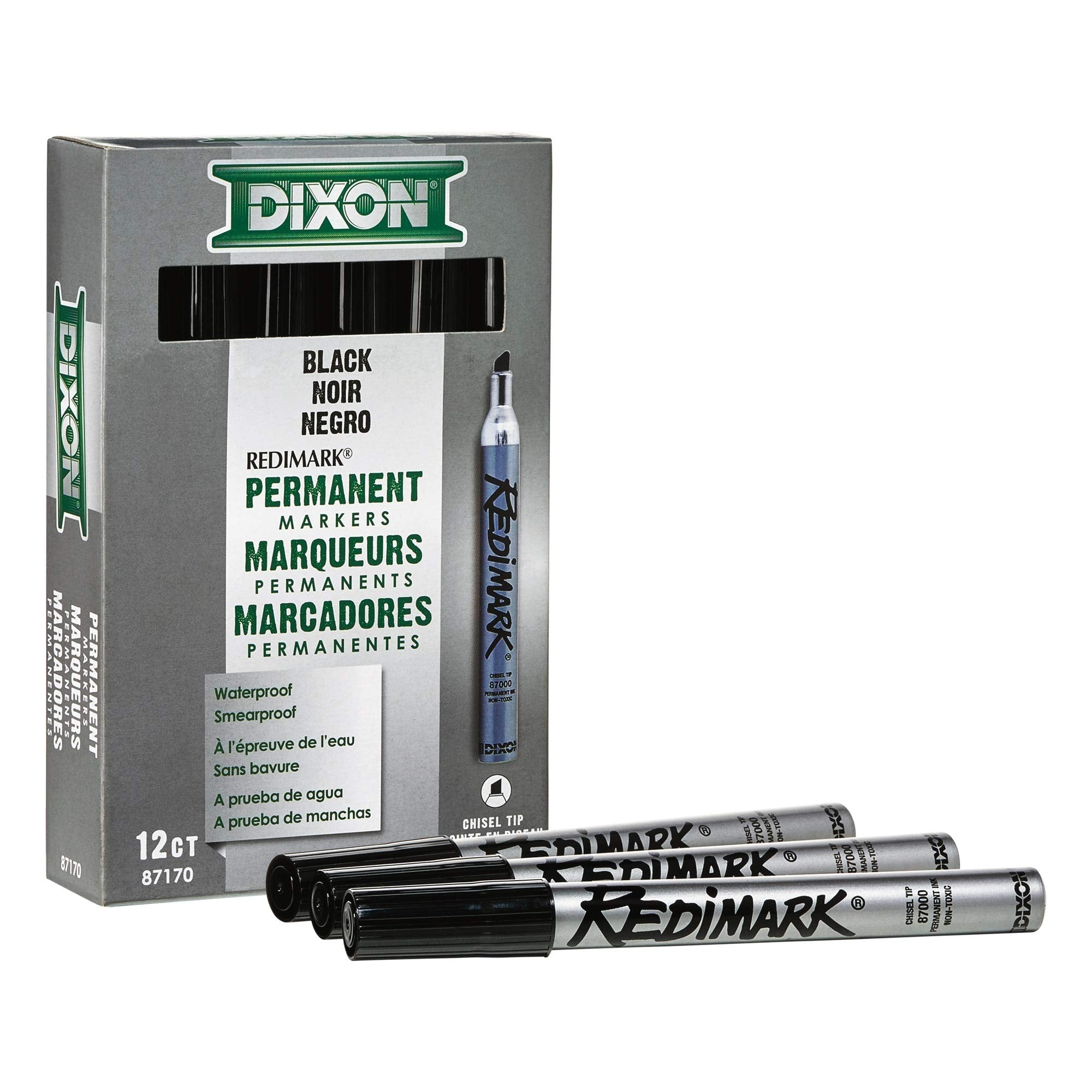 Dixon Industrial RediMark Permanent Markers, Chisel Point, Metal Barrel, Box of 12 Markers, Black (87170)
