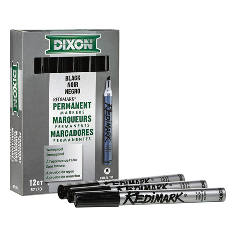 Dixon Industrial RediMark Permanent Markers, Chisel Point, Metal Barrel, Box of 12 Markers, Black (87170)
