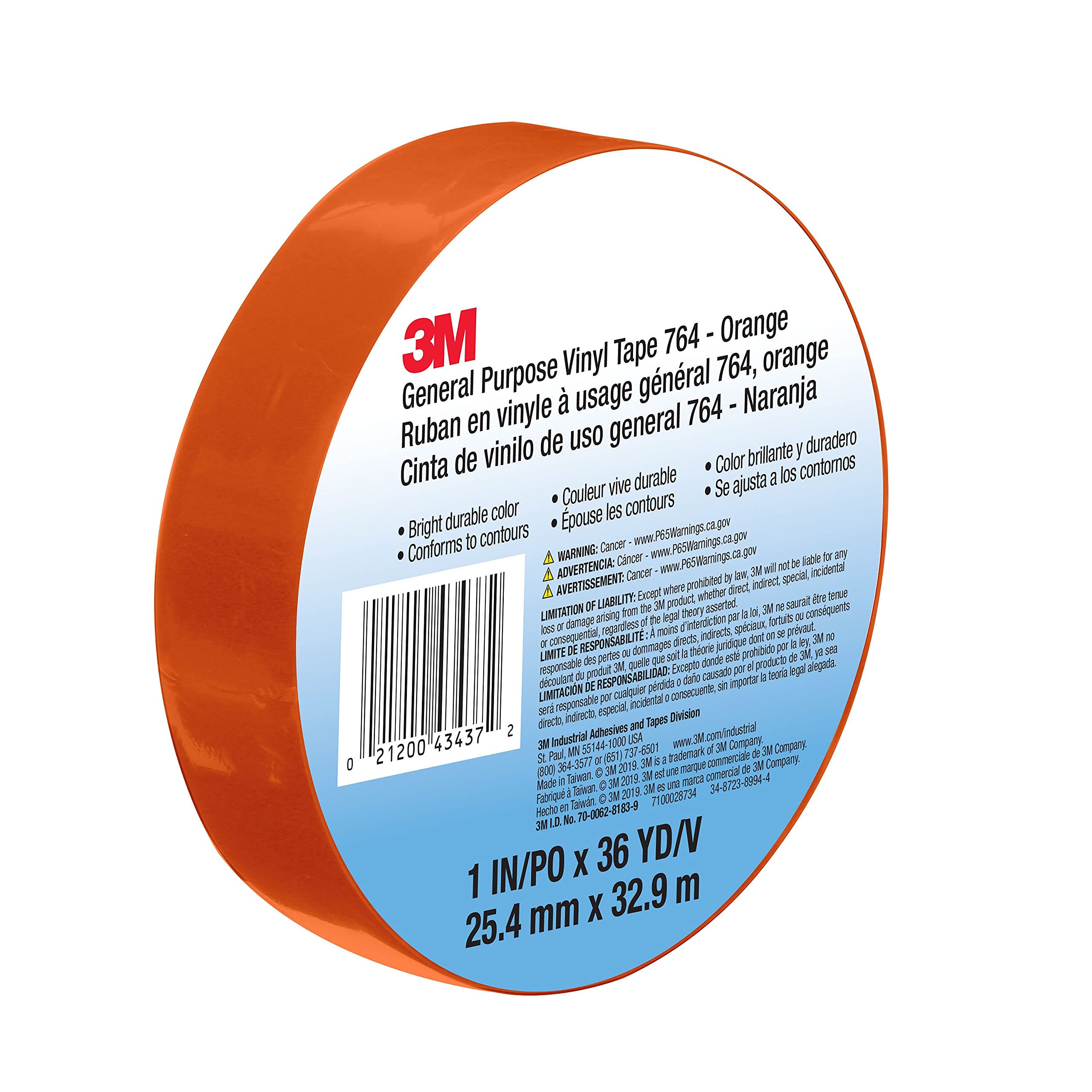 3M Vinyl Tape 764, General Purpose, 1 in x 36 yd, Orange, 1 Roll, Light Traffic Floor Marking Tape, Social Distancing, Color Coding, Safety, Bundling
