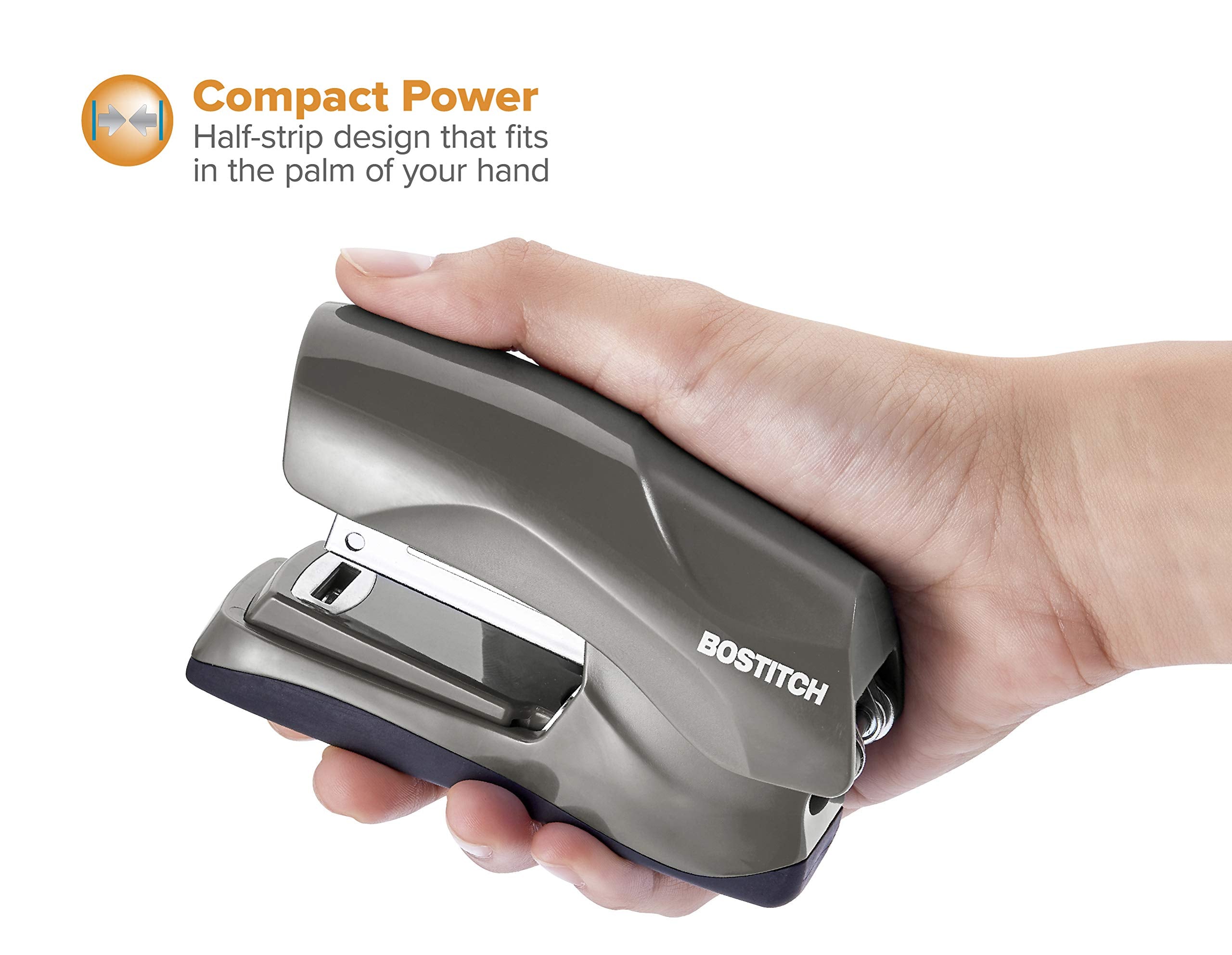 Bostitch Office Heavy Duty Stapler, 40 Sheet Capacity, No Jam, Half Strip, Fits into the Palm of Your Hand, For Classroom, Office or Desk, Gray