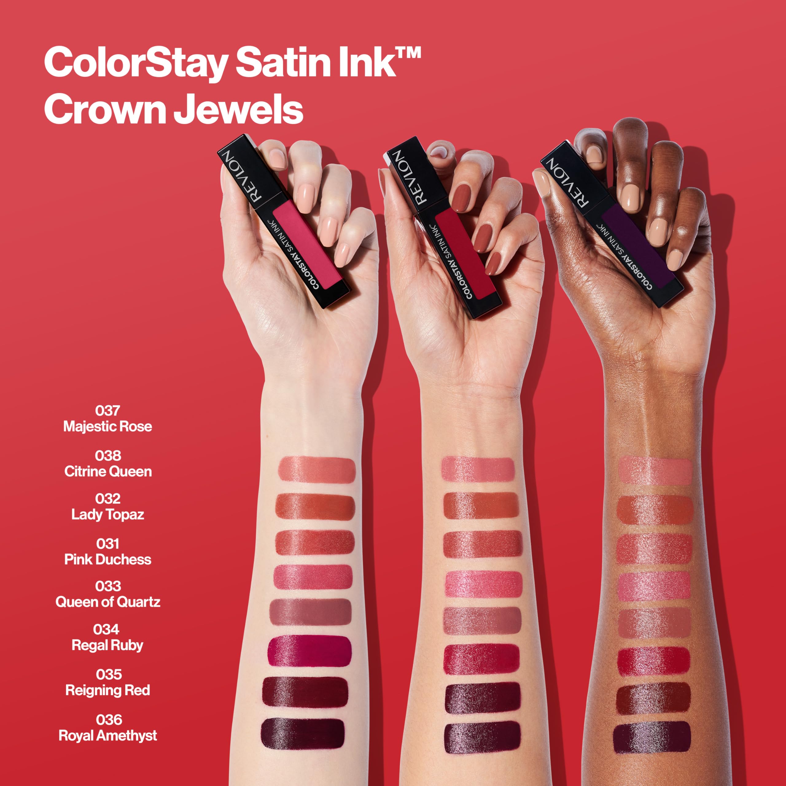 REVLON ColorStay Satin Ink Crown Jewels Liquid Lipstick, Longlasting & Waterproof Lipcolor, Moisturizing Creamy Formula Infused with Black Currant Seed Oil, 038 Citrine Queen, 0.17 fl oz.