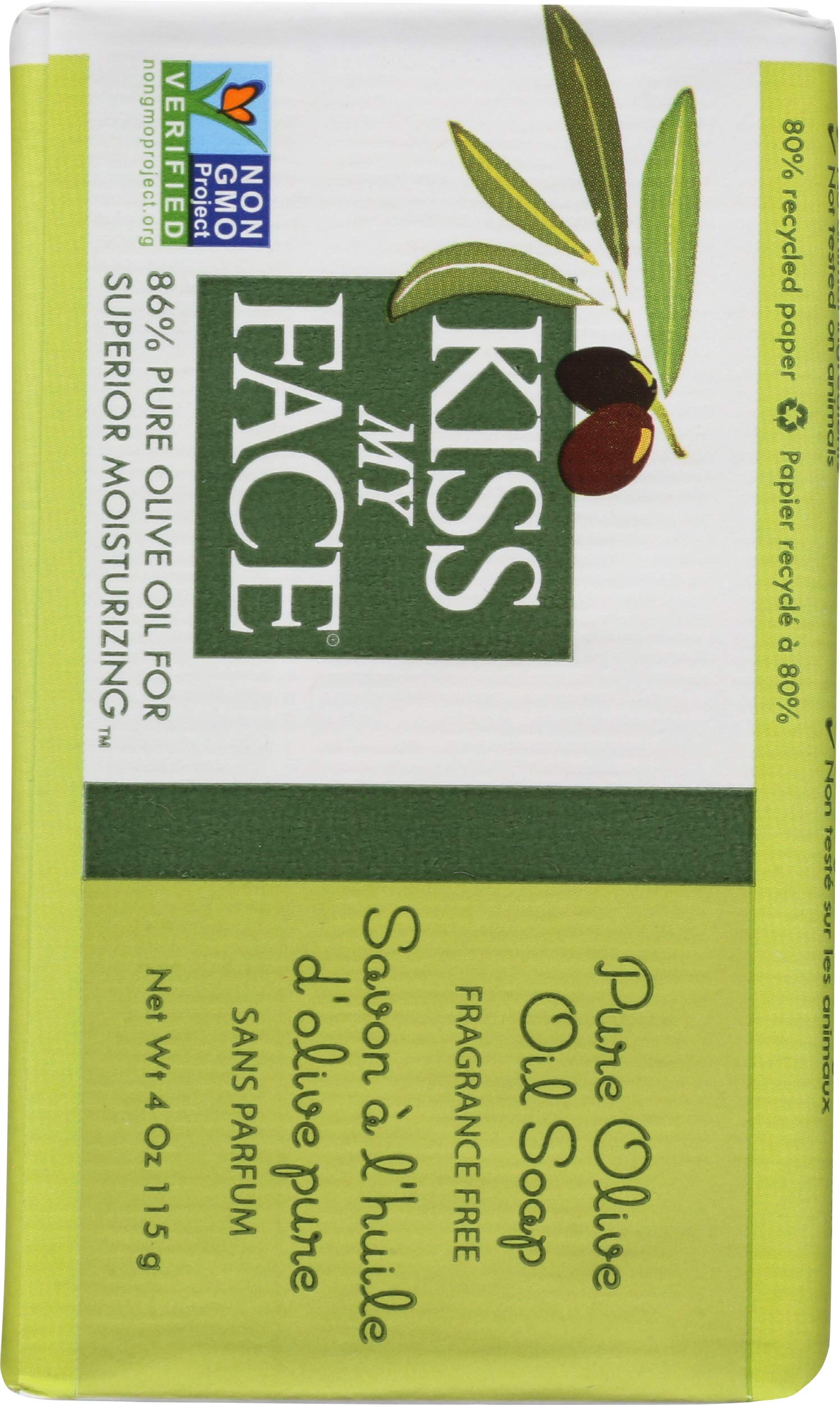 Kiss My Face Pure Olive Oil Bar Soap - Deep Moisturizing Soap Bar - Antioxidant Rich - Cruelty Free Vegan Soap - Palm Oil Free - 8 oz Bar