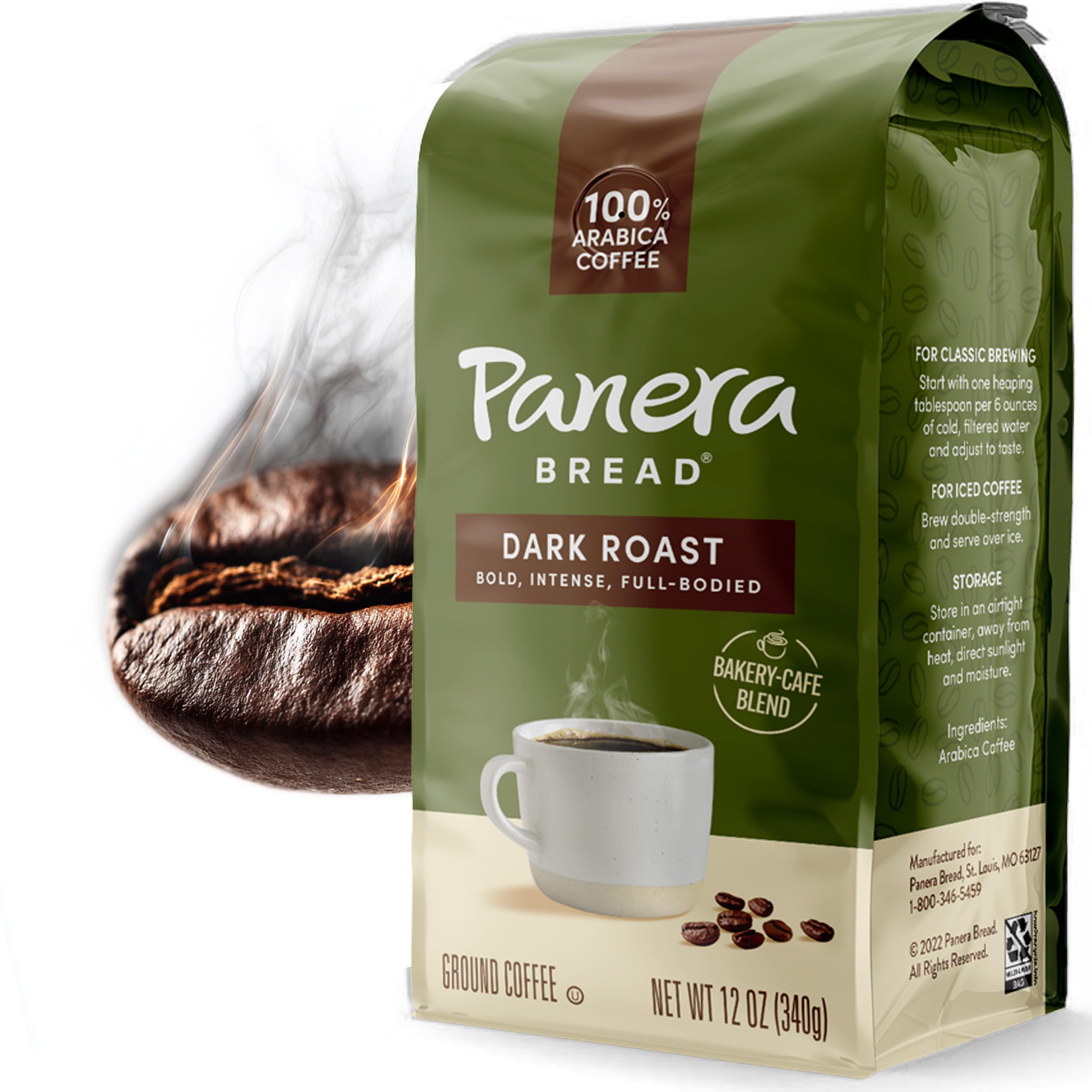 Panera Dark Roast Ground Coffee, - Bold Breakfast Brew with Dark Chocolate Finish - 100% Arabica Beans, Sustainably Sourced - Kosher, Dairy-Free - Cafe Quality for Home Brewing 12oz Bag