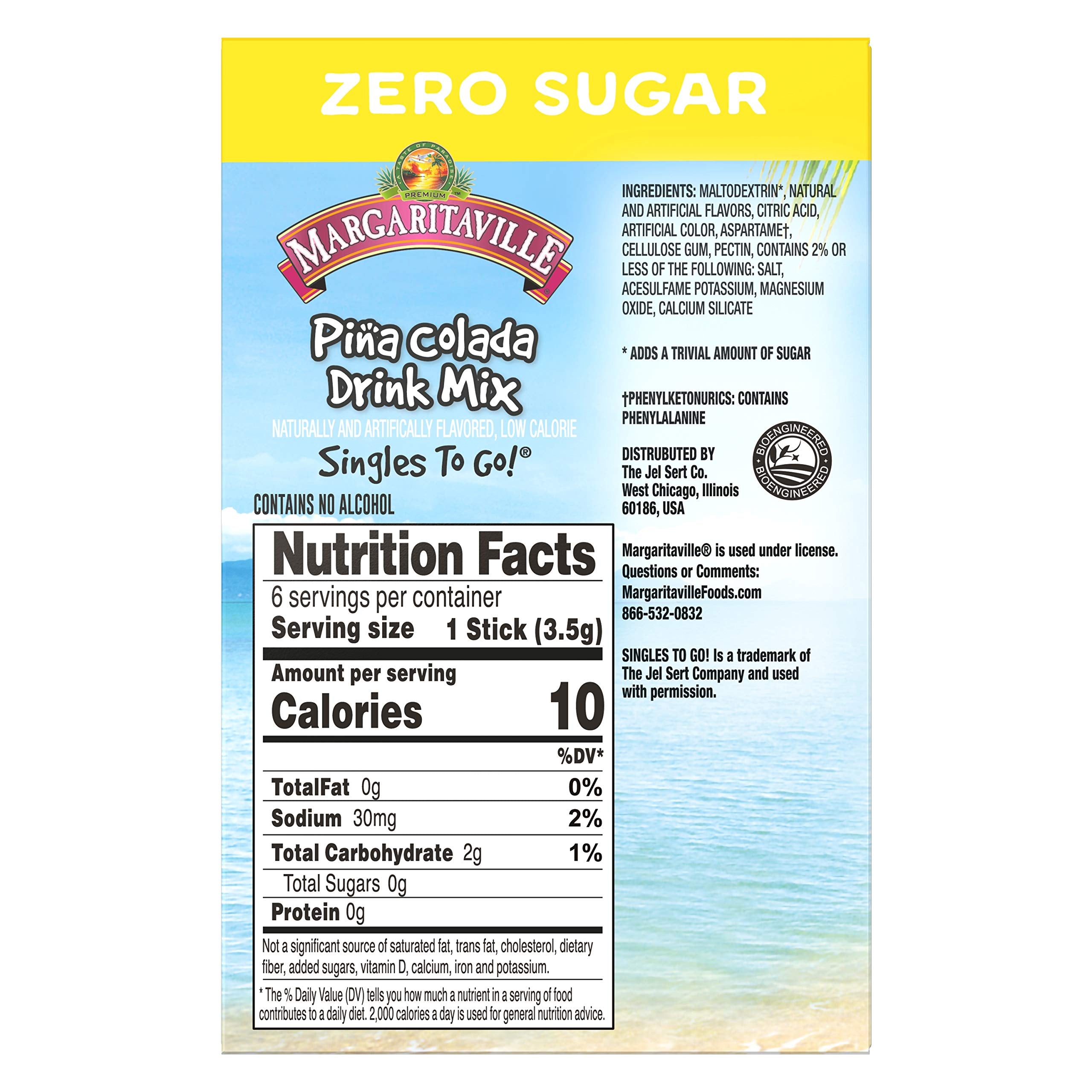 Margaritaville, Singles To Go Water Drink Mix Flavored NonAlcoholic Powder Sticks 6 Count, Pina Colada, 4.14 Ounce
