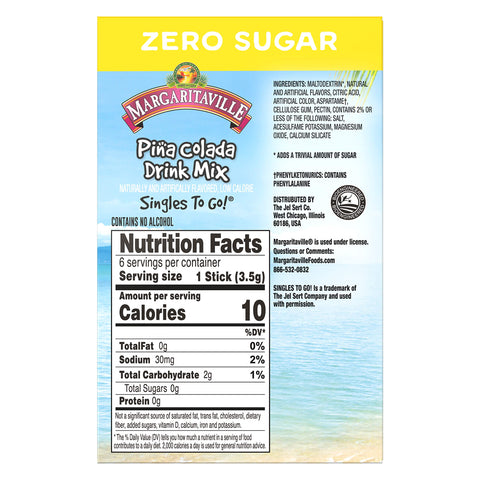 Margaritaville, Singles To Go Water Drink Mix Flavored NonAlcoholic Powder Sticks 6 Count, Pina Colada, 4.14 Ounce