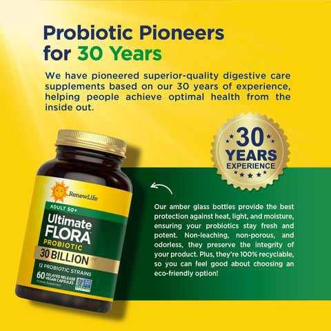 Renew Life Probiotic Adult 50 Plus Probiotic Capsules, Daily Supplement Supports Urinary, Digestive and Immune Health, L. Rhamnosus GG, Dairy, Soy and gluten-free, 30 Billion CFU, 60 Count