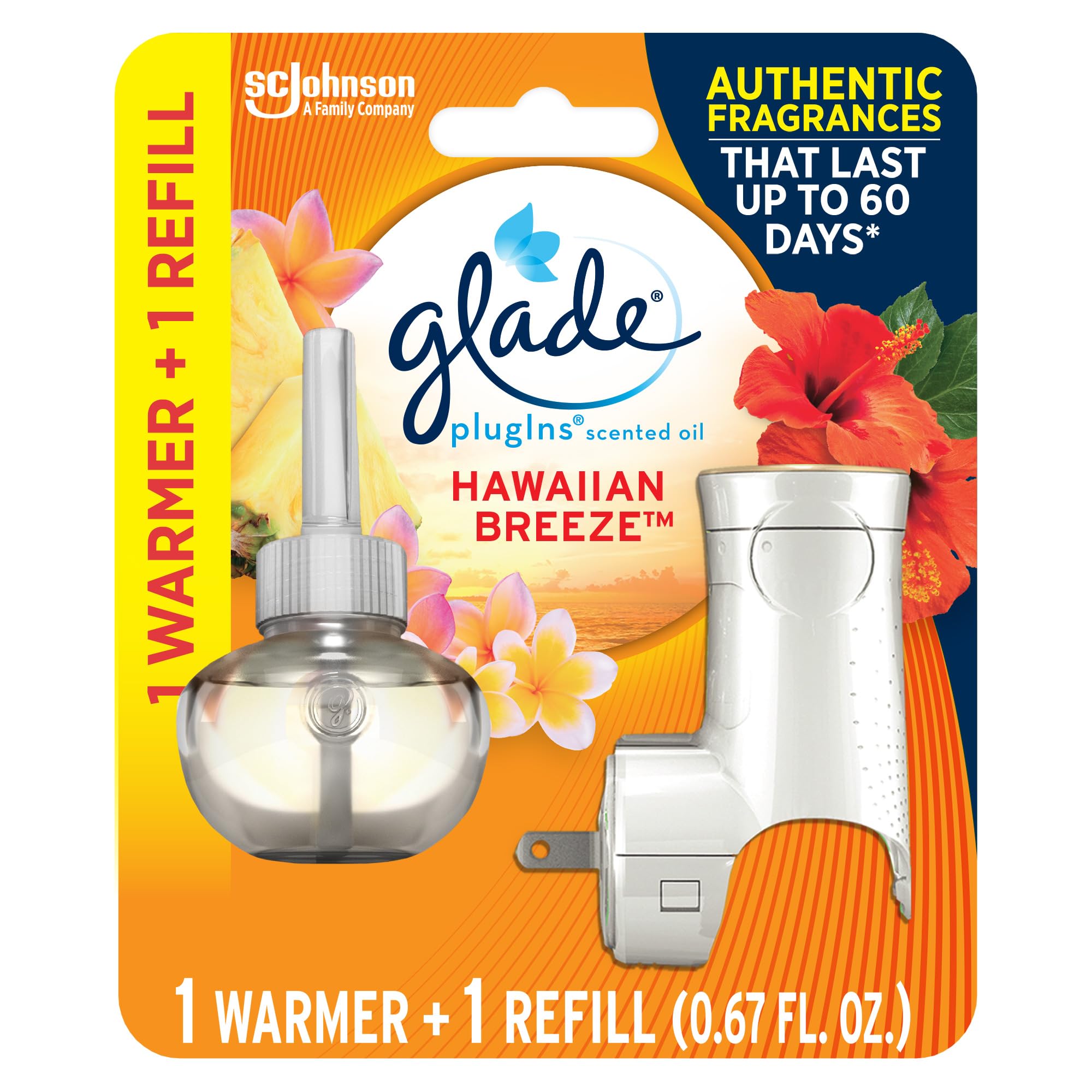 Glade PlugIns Refills Air Freshener Starter Kit, Hawaiian Breeze, Scented and Essential Oils for Home and Bathroom, 0.67 Fl Oz, 1 Warmer + 1 Refill