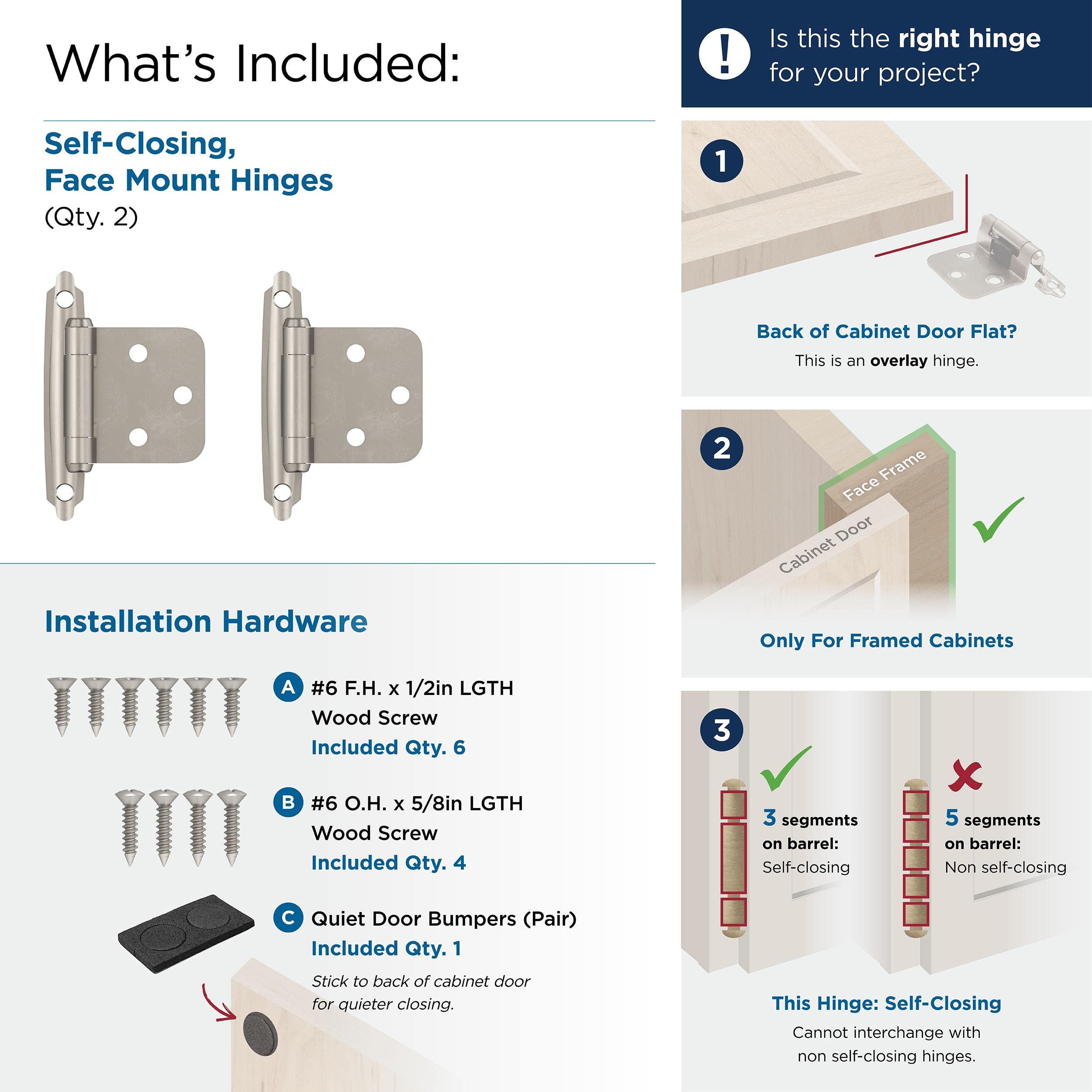 Amerock | Cabinet Hinge | Variable Overlay | Satin Nickel | 2 Pack | Self-Closing | Face Mount | Cabinet Door