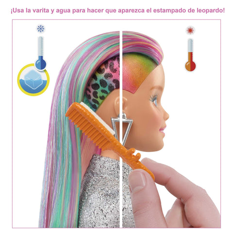 Barbie Doll Leopard Rainbow Hair with Color-Change Highlights & 16 Styling Accessories Including Clothes, Scrunchies, Brush & More