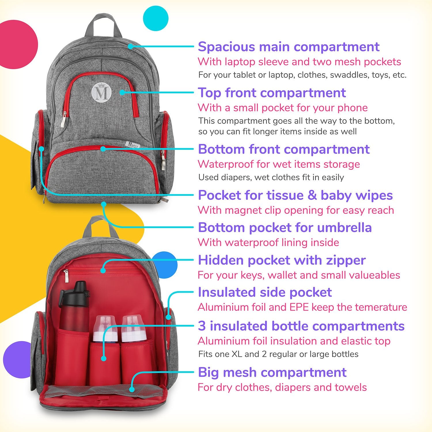 Diaper Bag Backpack with YKK Zippers for Girls and Boys, Large Waterproof Organizer with Stroller Straps, Wipes Pocket and Infant Changing Pad - Perfect for Baby Showers