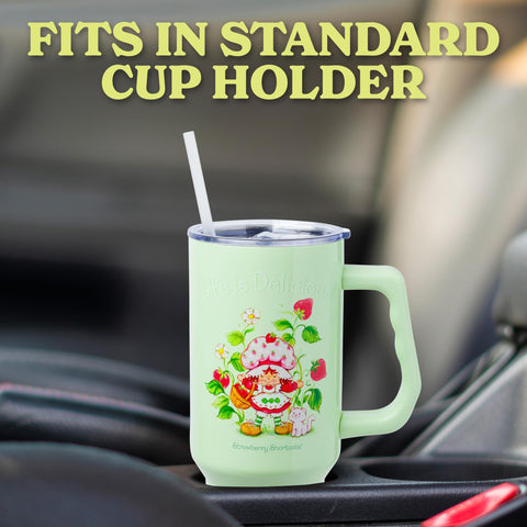 Silver Buffalo Strawberry Shortcake and Custard “Life is Delicious!” Double Walled Stainless Steel Tumbler with Handle, Fits in Standard Cup Holder, 40 Ounces