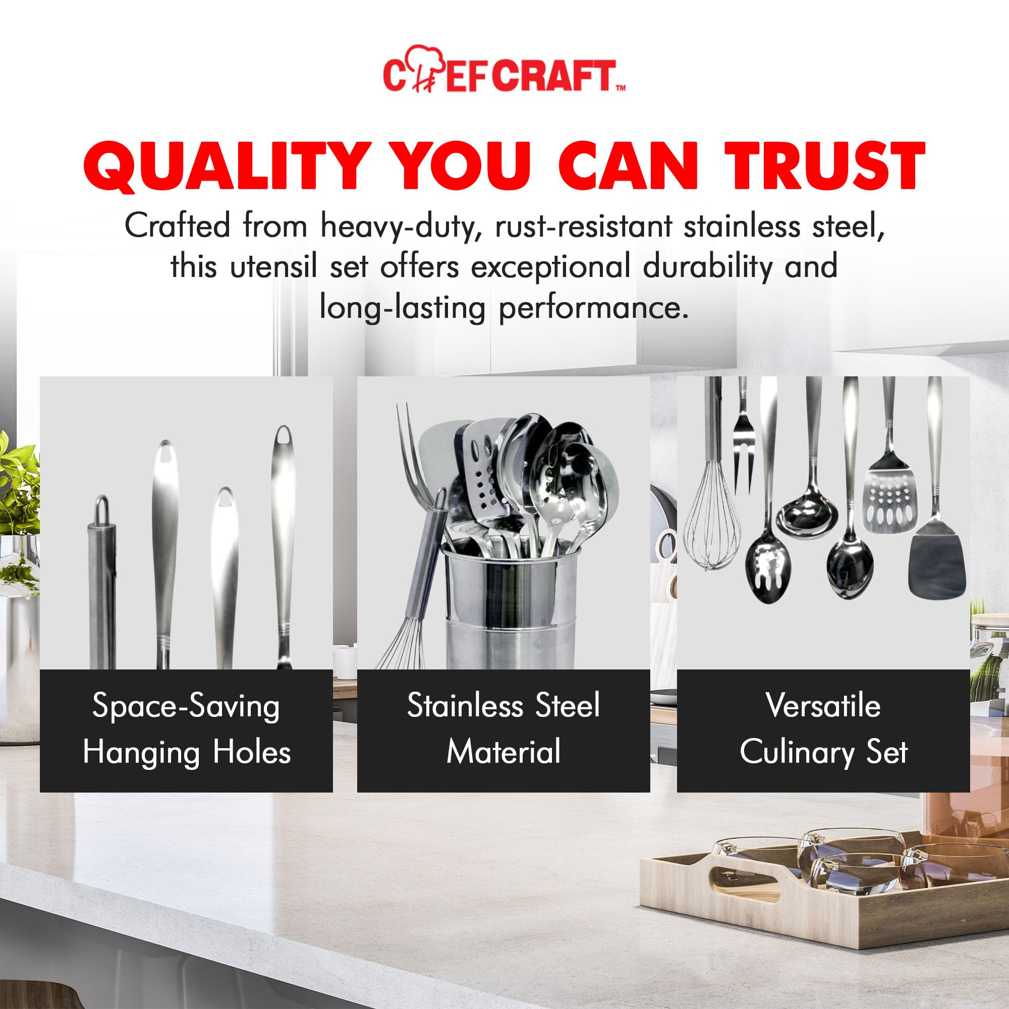 Chef Craft - 8 Piece Stainless Steel Kitchen Utensils Set with Utensil Holder