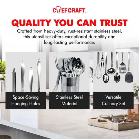 Chef Craft - 8 Piece Stainless Steel Kitchen Utensils Set with Utensil Holder
