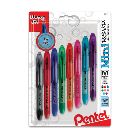 Pentel RSVP Mini Ballpoint Pen, (1.0mm) Medium Line, Assorted Ink (A/B/C/D/F/P/S/V) w/Key Ring, 8-Pk (BK91MNBP8M)