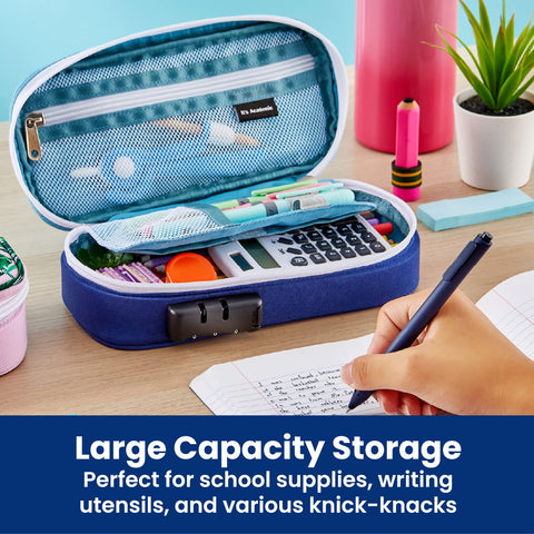 It's Academic Locking Pencil Case, for Office & School Supplies, Travel Organizer Bag, Compact, High Capacity, Light Weight, Blue (24371-BL)