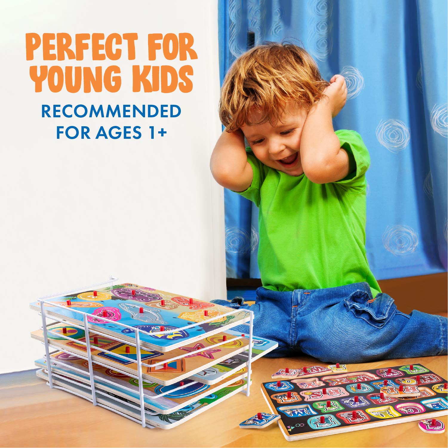 Baby Peg Puzzle 3-in-1 Set - 3 Different Themed Educational Knob Puzzles for Boy & Girl Toddlers Plus: Storage Rack (6 Board Puzzles)