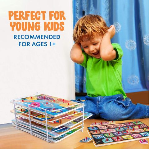 Baby Peg Puzzle 3-in-1 Set - 3 Different Themed Educational Knob Puzzles for Boy & Girl Toddlers Plus: Storage Rack (6 Board Puzzles)