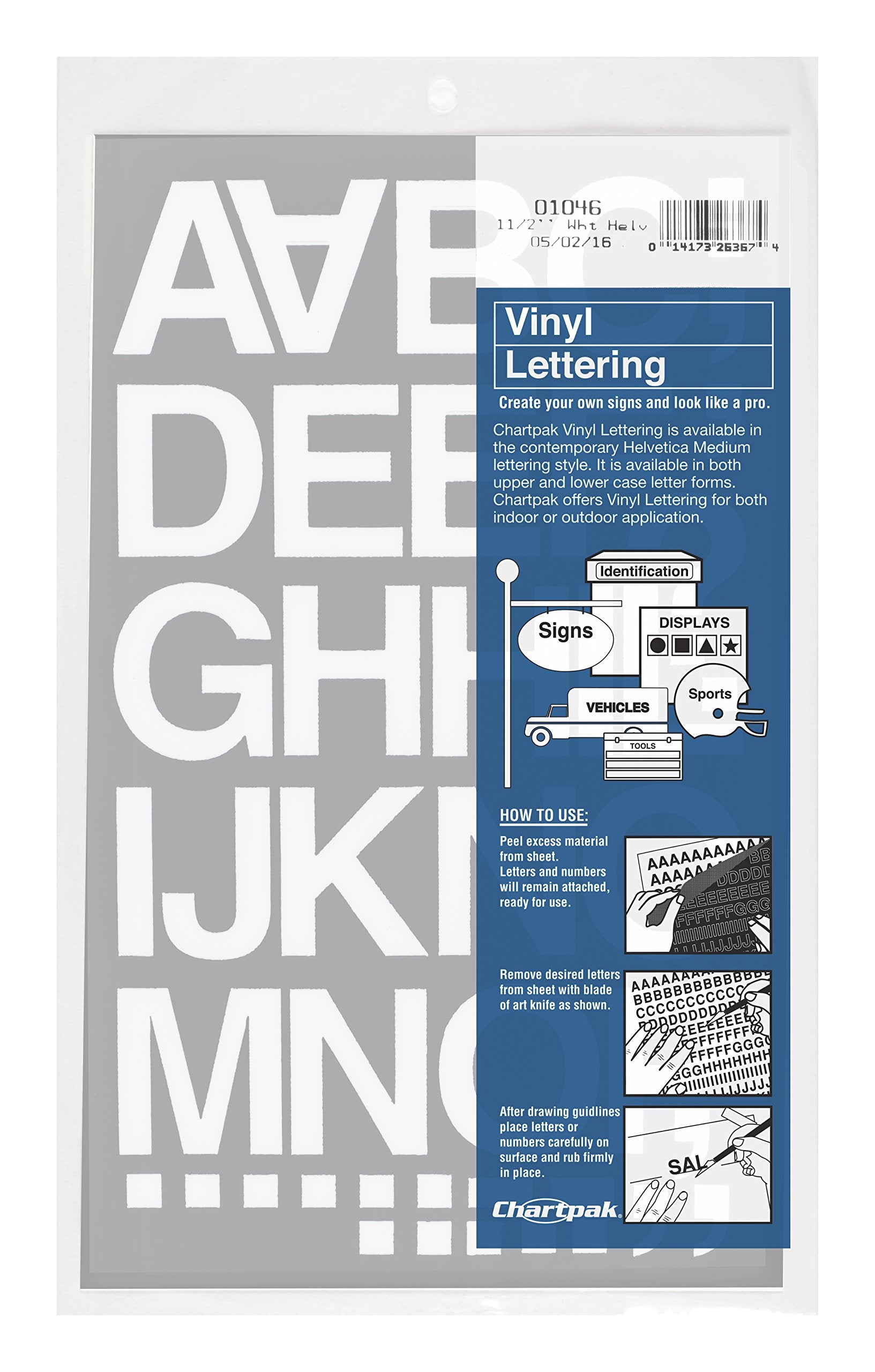 Chartpak Self-Adhesive Vinyl Capital Letters and Numbers, 1-1/2 Inches High, White, 45 per Pack (01046)