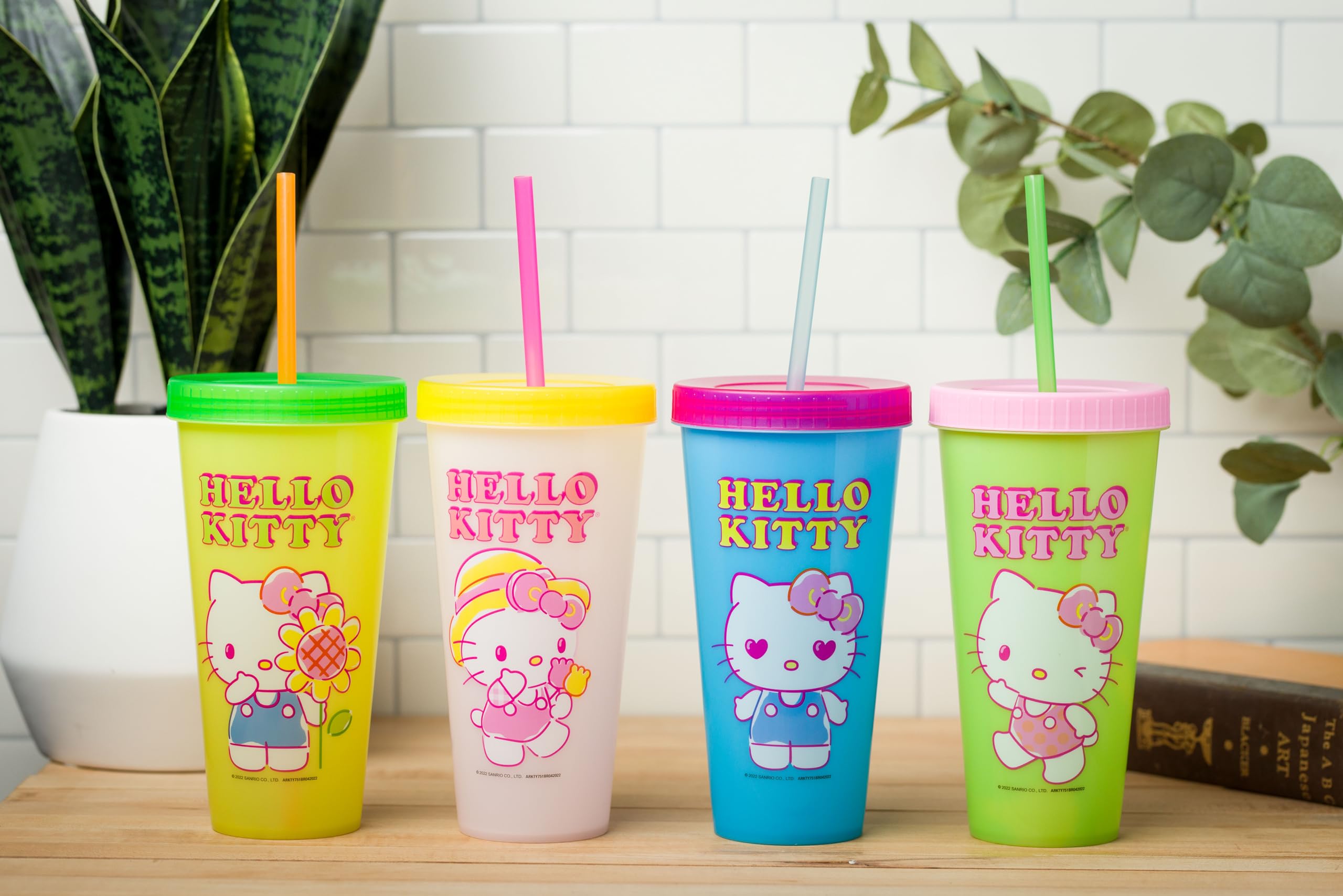 Silver Buffalo Sanrio Hello Kitty Summertime Gardening 4-Pack Color Changing Plastic Tumblers Includes Lid and Straw, 24 Ounces