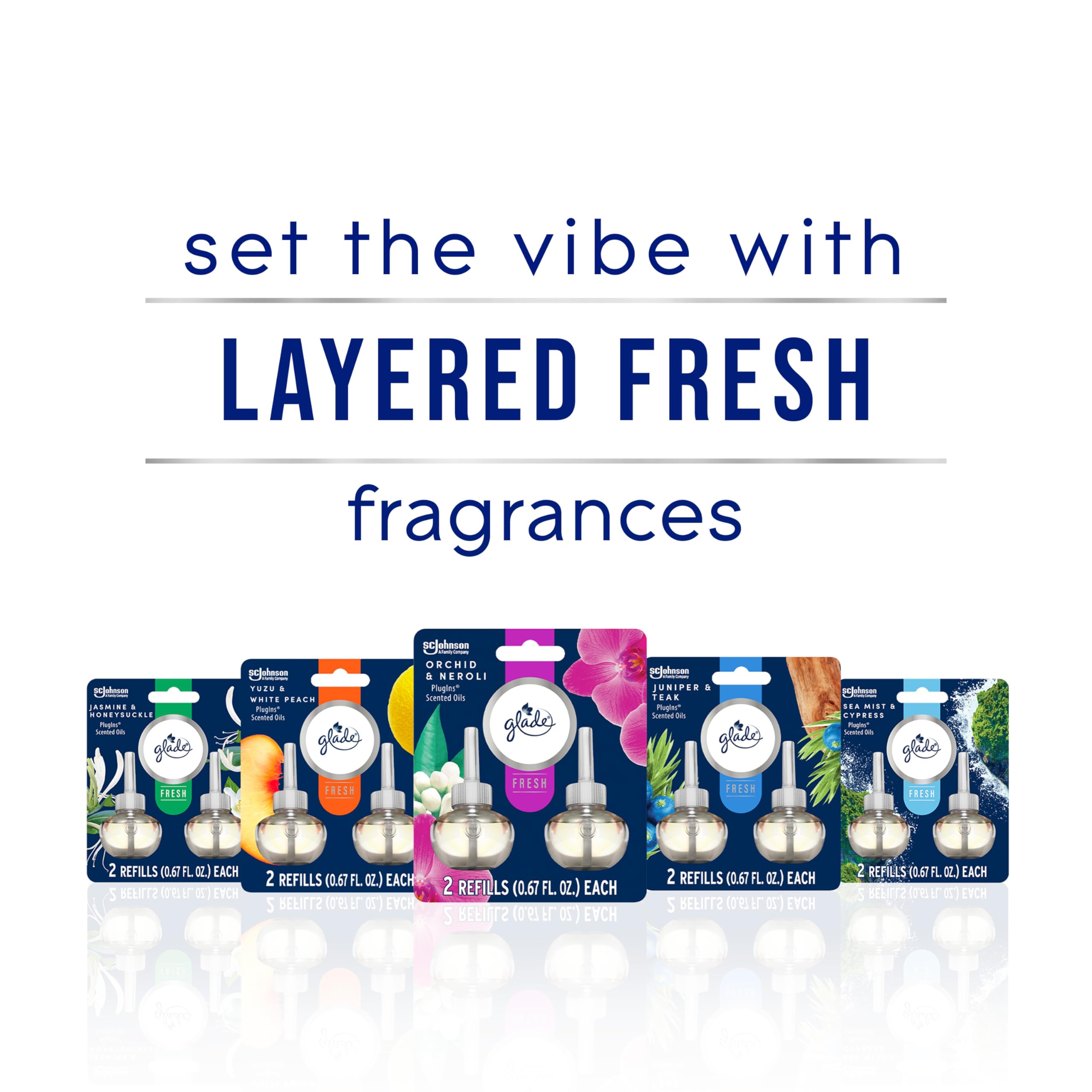 Glade PlugIns Refills Air Freshener, Scented and Essential Oils for Home and Bathroom, Yuzu & White Peach, Fresh Collection 1.34 Fl Oz, 2 Count