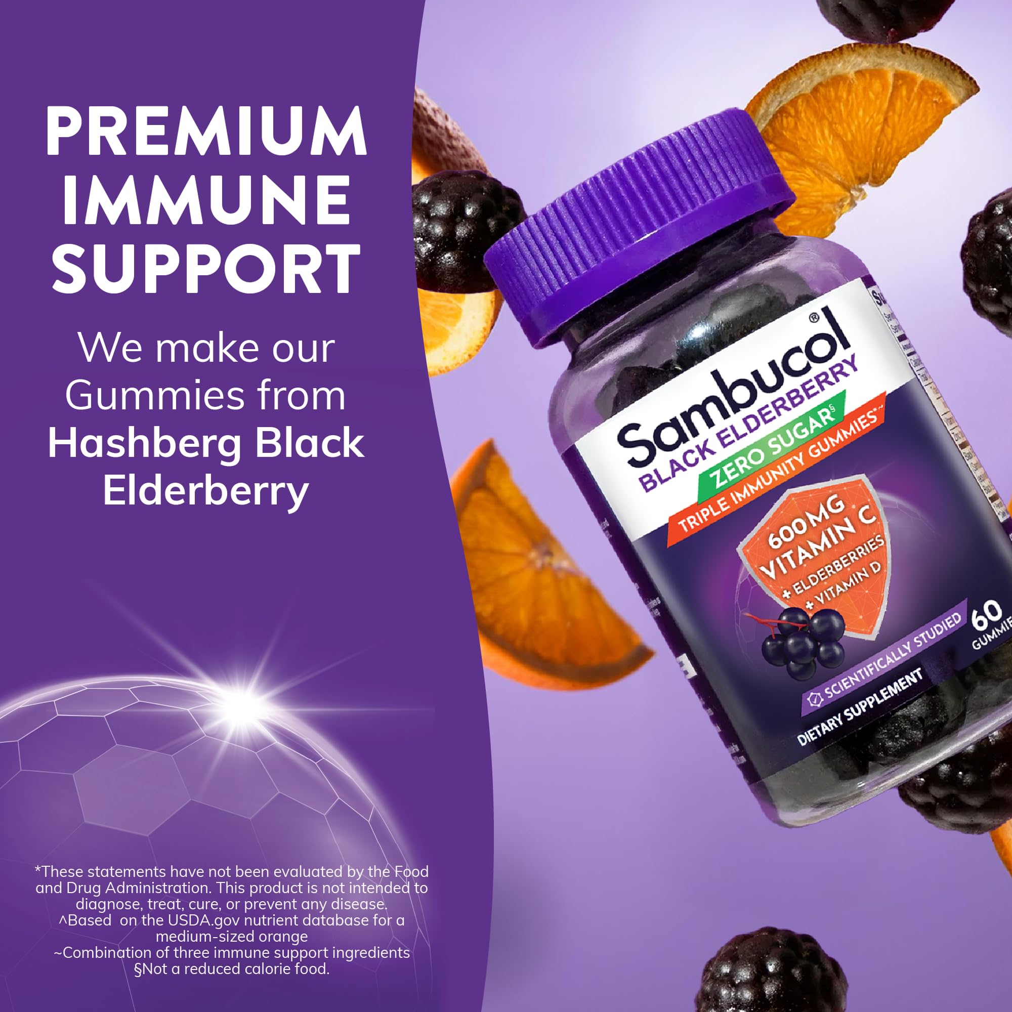 Sambucol Black Elderberry Zero Sugar Triple Immunity Gummies - Daily Vitamin C & Vitamin D, Sugar Free Black Elderberry Gummies for Adults and Kids, Chewable Berry Supplement - 60 Count