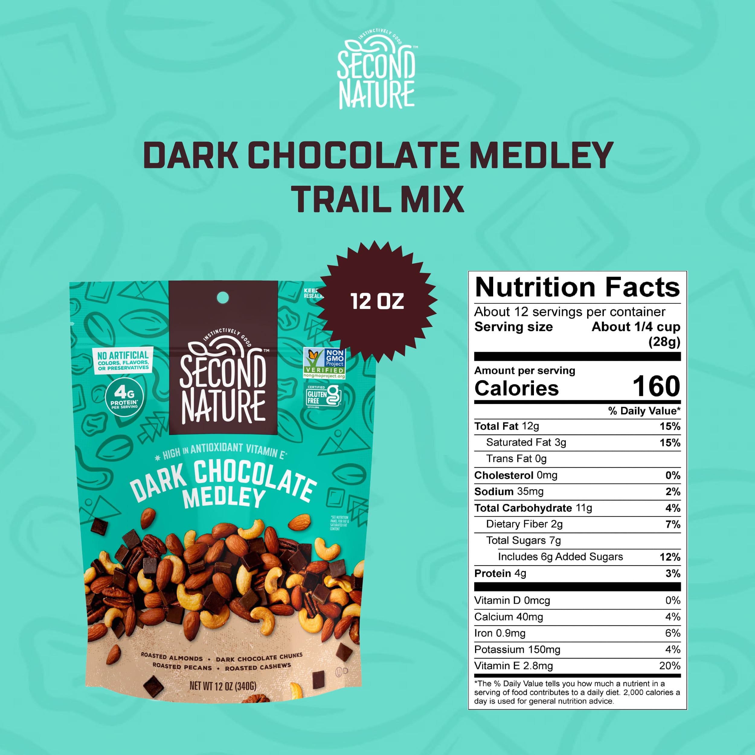 Second Nature Dark Chocolate Medley Trail Mix, 12 oz. Resealable Pouch (Pack of 1) – Certified Gluten-Free Snack Mix – Dark Chocolate and Nut Trail Mix Ideal for Quick Travel Snacks or Lunch Snacks