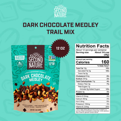 Second Nature Dark Chocolate Medley Trail Mix, 12 oz. Resealable Pouch (Pack of 1) – Certified Gluten-Free Snack Mix – Dark Chocolate and Nut Trail Mix Ideal for Quick Travel Snacks or Lunch Snacks