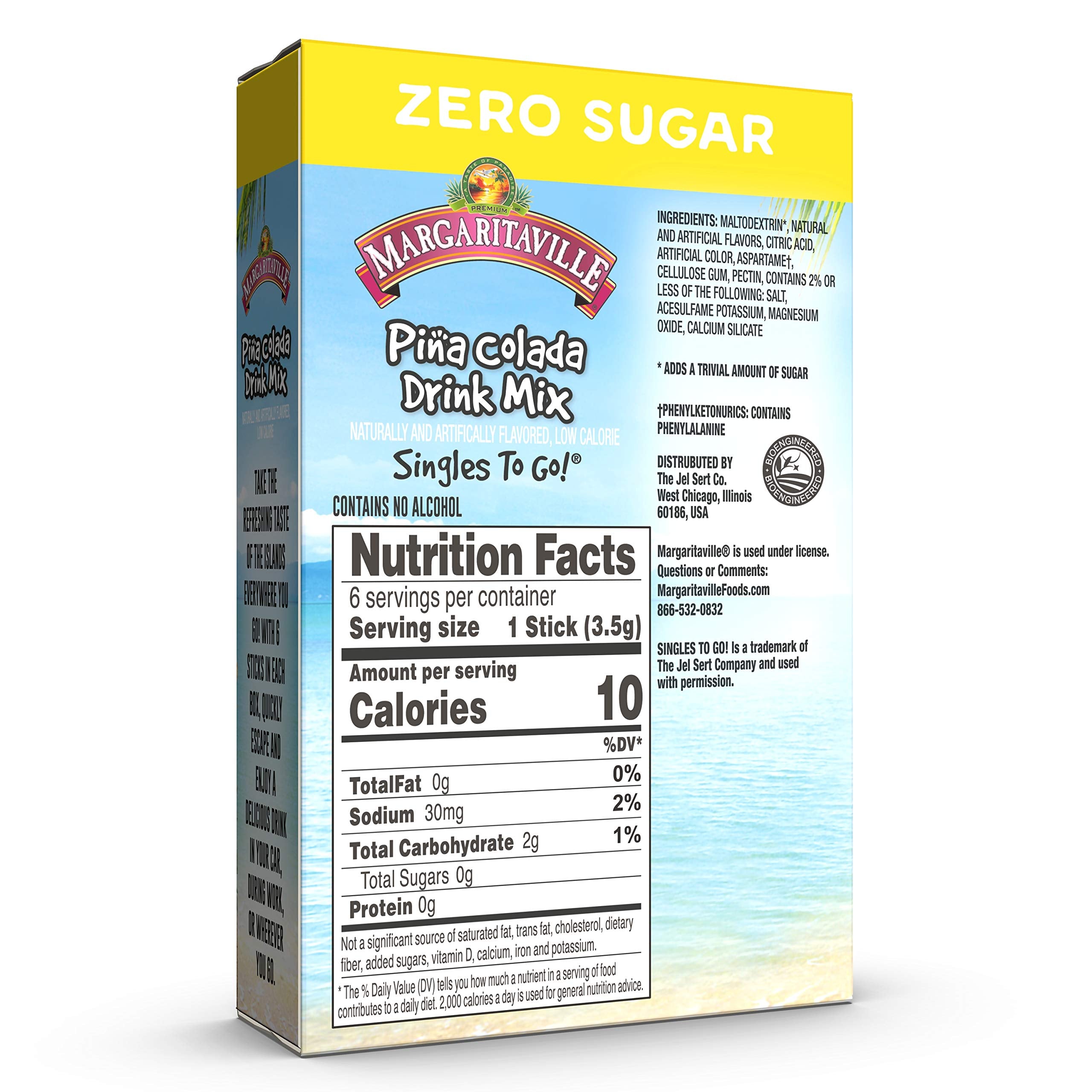 Margaritaville, Singles To Go Water Drink Mix Flavored NonAlcoholic Powder Sticks 6 Count, Pina Colada, 4.14 Ounce