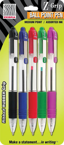Zebra Pen Z-Grip Ballpoint Retractable Pen, 1.0mm, Assorted, 5-Pack