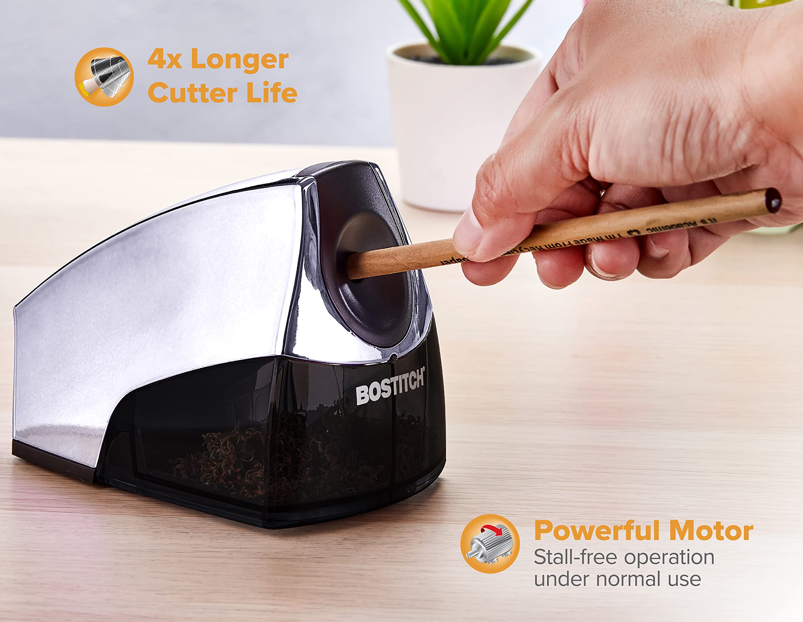 Bostitch Office Electric Pencil Sharpener for Classroom & Desk Use, Heavy-Duty Stall-Free Motor, High-Capacity Shavings Tray, Chrome